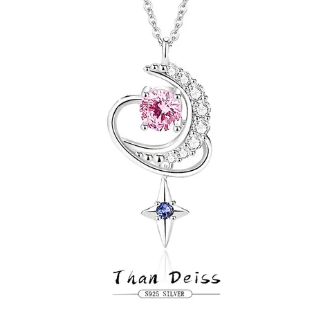 S925 Sterlingsilber Mond Stern Kette Für Damen Pink Blau Zirkonia Herz Planet Anhänger Romantisch Leichter Luxus Schmuck Geschenk