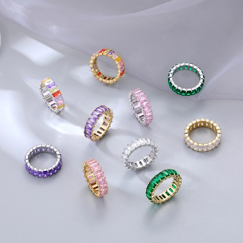 Eternity Band Ring Titanium Steel Baguette Cut Colorful Cubic Zirconia Minimalist Elegant Jewelry For Women