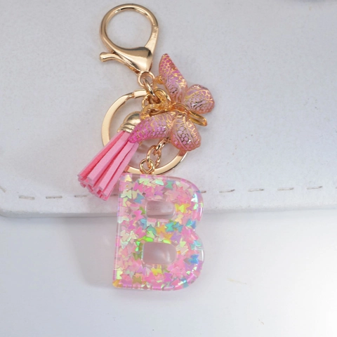 Portachiavi Lettera Alfabeto Resina Paillettes Farfalla Ciondolo Rosa Nappa Oro Metallo Anello Chiave Moda Borsa Donne