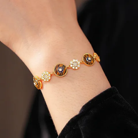 Retro Round Copper Bracelet With Tiger Eye Stone And Zircon Adjustable Drawstring Geometric Style Jewelry For Women