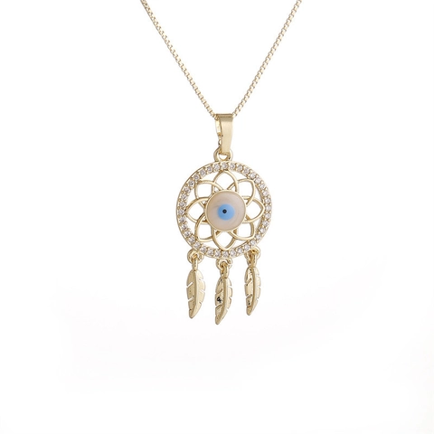 Collana Con Pendente Acchiappasogni Malocchio Rame Micro Zircone Piuma Nappine Gioielli Da Donna