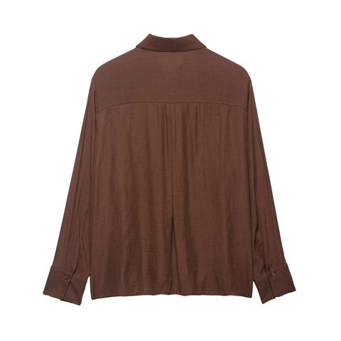 Dames Shirt Lange Mouwen Bruin Textuur Blouse Bloemenborduurwerk Knoopsluiting Elegant Casual Top