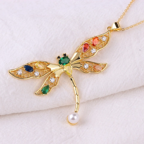 Collar Con Colgante De Libélula Tortuga Latón Chapado En Oro De 18K Circón Colorido Perla Artificial Joyería Hip Hop Para Mujeres