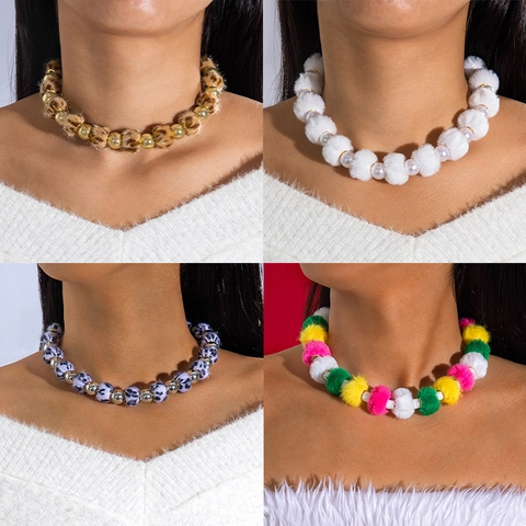 Collar De Cuentas Colorido Con Pompones De Peluche Estampado De Leopardo Piel Sintética Cuentas De Aleación Joyas De Navidad Para Mujeres