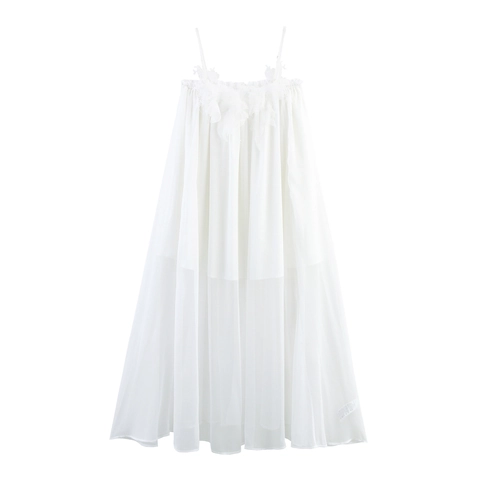 Vestito Lungo Bianco Con Spalline Sottili Fiori 3D E Bordi In Pizzo Elegante Abito Lungo Senza Maniche Per Donna