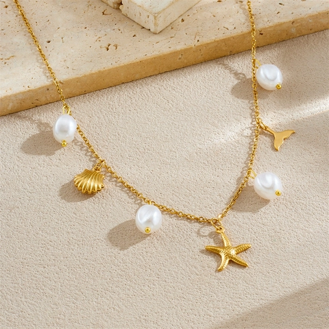 Collar De Acero Inoxidable Chapado En Oro Con Perlas Artificiales De Imitación Colgantes Estrella De Mar Concha Cola De Ballena