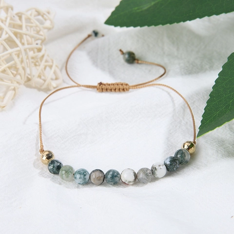 Bracciale Di Perle In Pietra Di Agata Muschiata Naturale Bohemien Vintage Accenti In Lega D'Oro Corda Intrecciata Regolabile Donne
