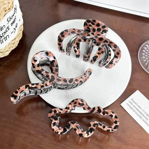 Pinza Per Capelli Con Stampa Leopardata Vintage Resina Acetata Mascella Squalo Accessorio Di Moda