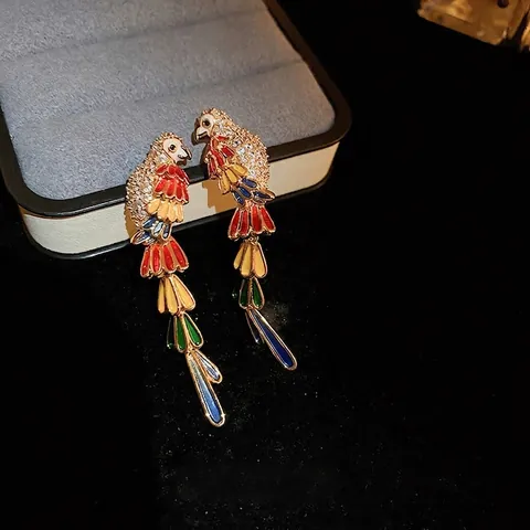 Boucles Oreilles Perroquet Coloré Émail Animal Goutte Avec Tige En Argent Sterling 925 Strass Style Palais Vintage