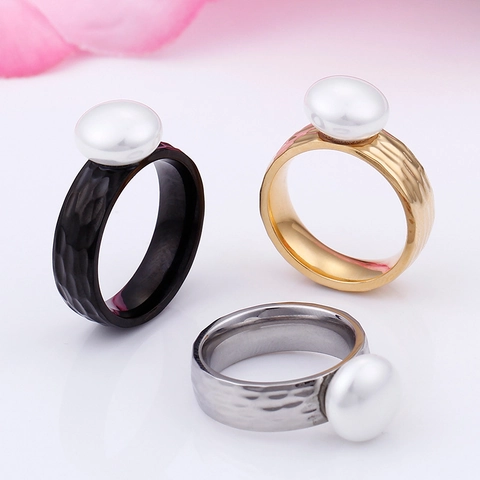 Anello Con Perla Artificial In Acciaio Inossidabile Martellato Per Donna Minimalista Fascia Larga Acciaio Al Titanio Gioielli Eleganti