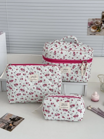 Trousse De Maquillage En Velours Côtelé Matelassé À Fleurs Organisateur De Toilette Portable Sac De Rangement Cosmétique