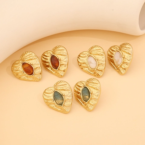 Vintage Heart Shaped Stainless Steel Stud Earrings With Oval Synthetic Gemstone Textured Gold Plated Retro Jewelry For Women