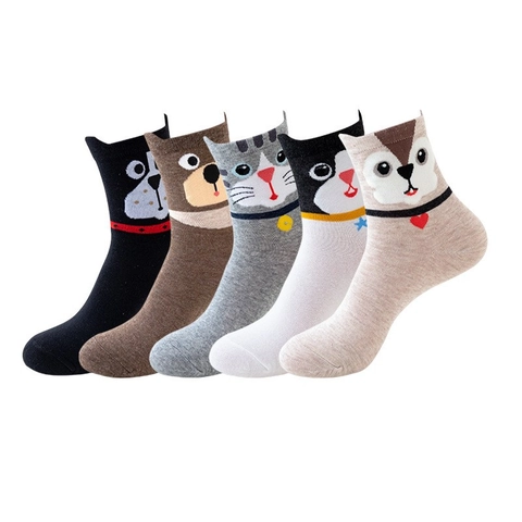 Cute Cartoon Animal Socks Cotton Blend Breathable Novelty Cat Dog Pattern Striped Casual Crew Socks For Women