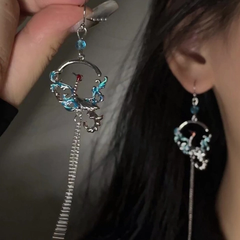 Orecchini Pendenti Con Nappa Fenice In Stile Cinese Vintage Lega Smalto Blu Geometrico Tondo Per Donna Gioielli Etnici