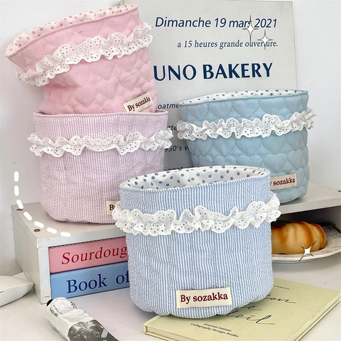 Quilted Fabric Storage Basket Desktop Organizer Bin Round Cylindrical With Lace Trim Heart Striped Pattern Zakka Style