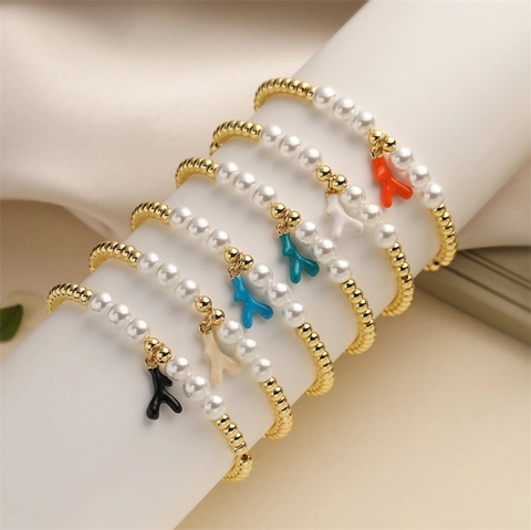 Pulsera De Cuentas De Cobre Dorado Con Perla Artificial De Imitación Blanca Y Colgante De Coral Esmaltado Colorido Moda Océano Vacaciones Joyería Mujer