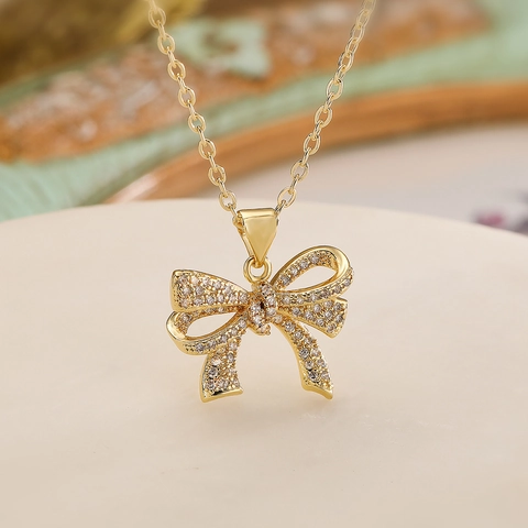 Minimalist Copper Bowknot Pendant Necklace For Women Elegant Gold Silver Plated Zirconia Clavicle Chain Sweet Jewelry Gift