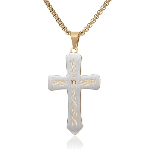 Titanium Steel Cross Pendant Necklace Men Rhinestone Inlaid Beveled Edge Totem Carved Personalized Punk Hip Hop Jewelry