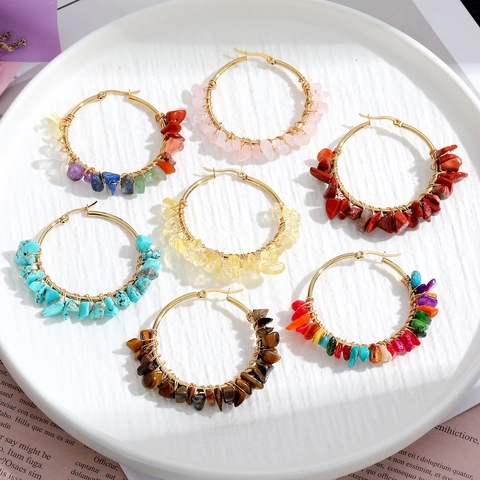 Bohemian Handmade Natural Crushed Stone Round Hoop Earrings Stainless Steel Copper Wire Wrapped Ethnic Vintage Jewelry Women