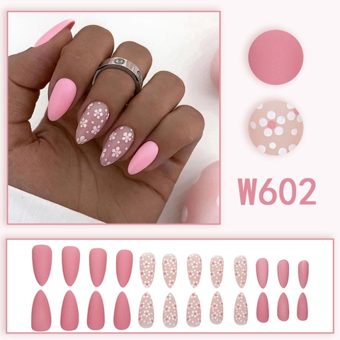 Mandelform Künstliche Nägel Zum Aufkleben Rosa Weißes Blumenmuster Süßer Frischer Stil Abnehmbare Nagelspitzen Frauen