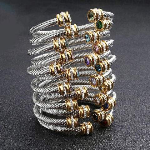 Gedraaide Kabel Armring Roestvrij Staal 18K Verguld Geboortesteen Zirkoon Open Armband Voor Dames