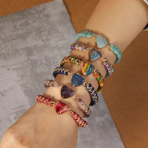 Heart Charm Beaded Bracelet Handmade Woven Adjustable Imperial Stone Bohemian Style Jewelry For Women