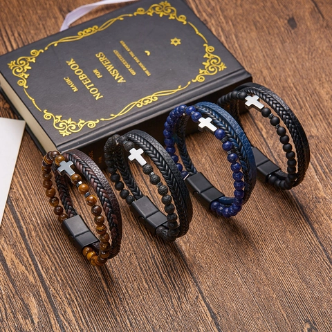 Multi Layer Herren Armband Naturstein Obsidian Tigerauge Perlen Geflochtenes Leder Legierung Kreuz Magnetverschluss Punk