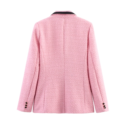 Elegante Dames Tweed Blazer Jas Double Breasted Kleurblok Zwarte Bies Roze Lange Mouwen Revers Bovenkleding