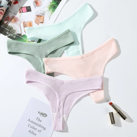 Femme Sexy Coton Côtelé Thong Taille Basse Respirant Couleur Unie G-String Sous-Vêtements