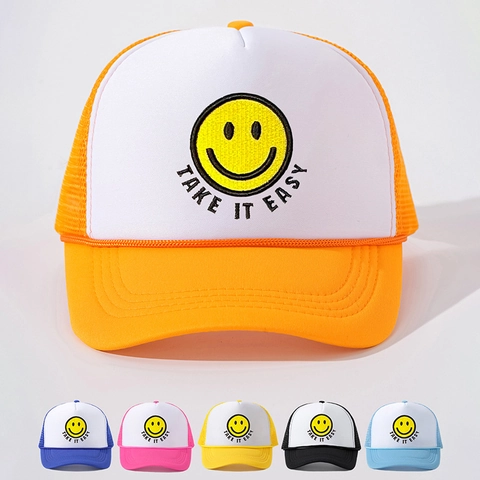 Trucker Hat Polyester Mesh Foam Smiley Face Embroidery Take It Easy Letter Streetwear Adjustable Snapback Unisex