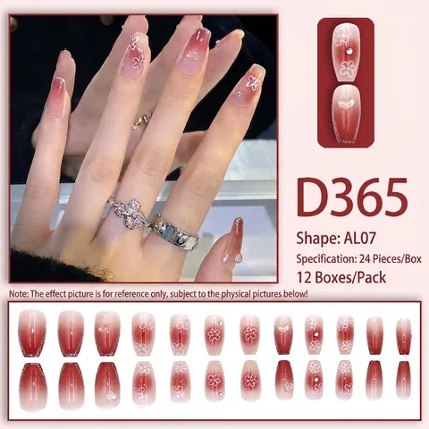 Faux Ongles À Presser Dégradé French Tip Longue Forme Cercueil Avec Motifs Cœur Fleur Strass Pour Femmes
