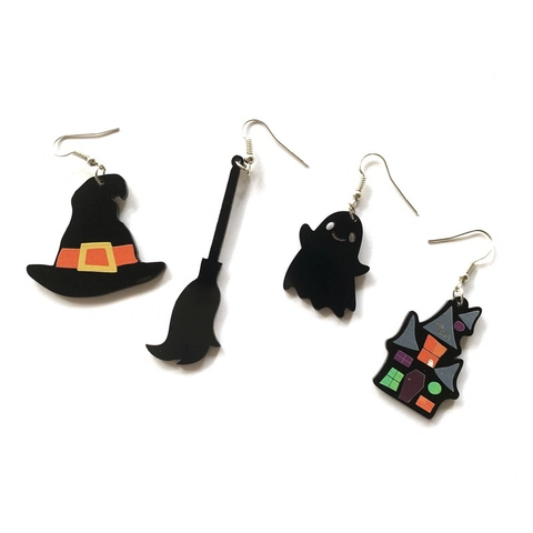Halloween Ohrringe Acryl Asymmetrisch Geist Hexenhut Besen Geisterhaus Übertrieben Neuheit Cartoon Für Frauen