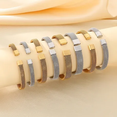 Brazalete Abierto De Malla Tejida De Acero Inoxidable Chapado En Oro 18K Milanés Ajustable Joyería Para Mujer