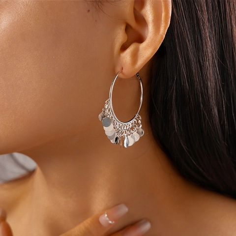 Bohemian Metal Hoop Earrings With Silver Earring Post Polished Multi Layer Dangle Disc Paillette Jewelry For Women
