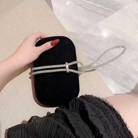 Elegant Women Evening Clutch Bag Satin Velvet Rhinestone Knot Handle Wedding Party Dinner Handbag Prom Bag
