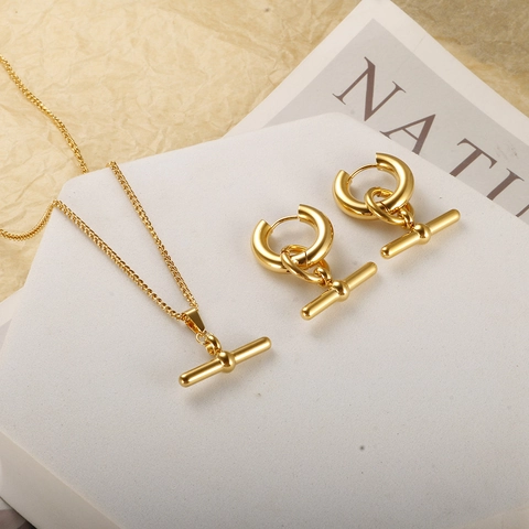 Minimalist Stainless Steel Gold T-Shape Bar Pendant Necklace And Earrings Set Fashion Jewelry For Women Daily Wear