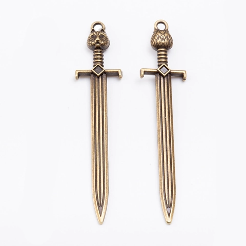 Retro Sword Pendants With Cat Head Handle Alloy Rhinestone Inlaid For DIY Jewelry Making Vintage Style