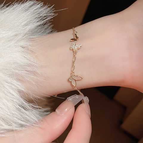Butterfly Bracelet 14K Gold Plated Copper Mother Of Artificial Pearl Zircon Elegant Adjustable Jewelry For Women