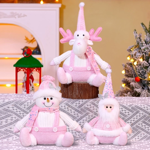 Christmas Plush Doll Pink Sequin Sitting Santa Snowman Reindeer Ornament Knitted Soft Festive Home Window Decor Gift