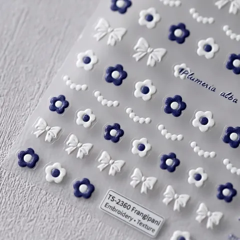 5D Embossed Nail Art Stickers Plumeria Flower Bowknot 3D Relief Self Adhesive Decals Klein Blue White DIY Manicure