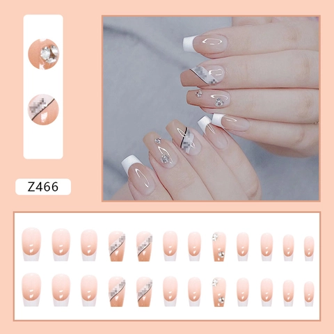 French Tip Press On Nails Farbverlauf Nude Pink Strass Lange Sargform Künstliche Falsche Fingernägel