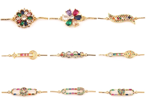 Shiny Colorful Zircon Adjustable Bracelet For Women Copper Gold Plated Micro Pave Flower Star Moon Charm Jewelry