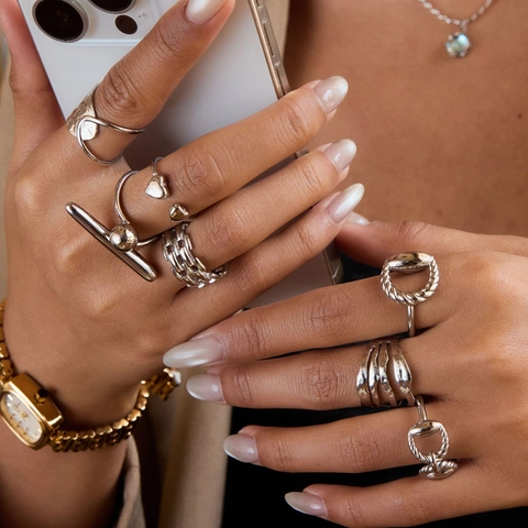 Minimalist Stainless Steel Rings For Women Silver Geometric Horsebit Chain Heart Adjustable Fashion Jewelry Accessories