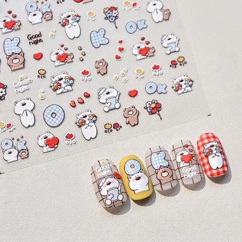 5D Relief Nail Stickers Embossed Cartoon Dog Bear Heart DIY Manicure Decor Decals Self Adhesive For Women Girls