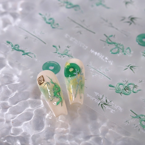 Nagelstickers Zelfklevend Ultradunne Chinese Stijl Groene Bamboe Slang Manicure Decals DIY Decoratie