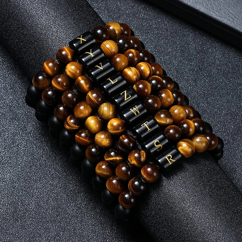 Natural Tiger Eye Stone Beaded Bracelet Black Matte Agate Initial Letter Adjustable Handmade Braided Rope Jewelry Men Women