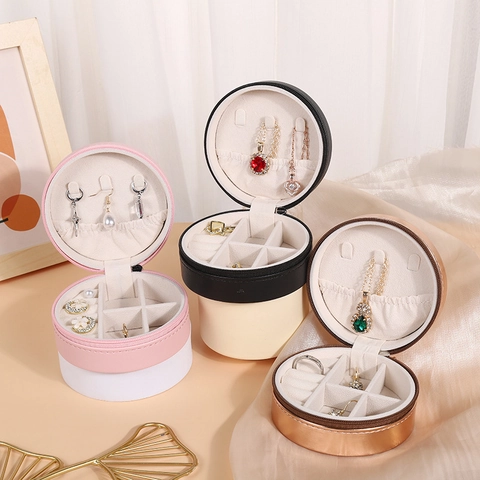Joyero De Viaje Portátil Redondo De Cuero PU Mini Organizador De Joyas Para Anillos Pendientes Collares Con Cremallera