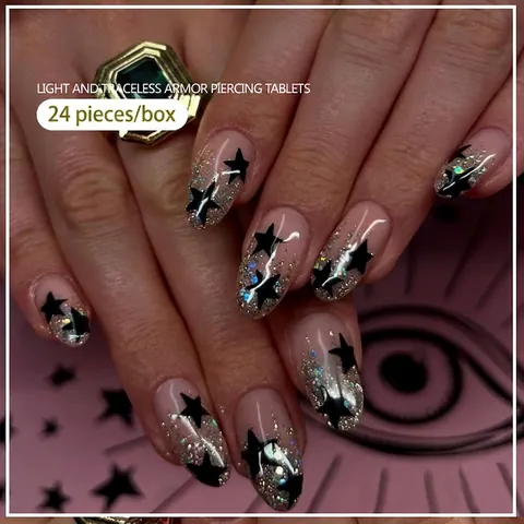 Unghie Finte A Mandorla Press On Con Motivo Stelle Nere Glitter Argentati Resina ABS Finitura Lucida Decorazione Per Unghie