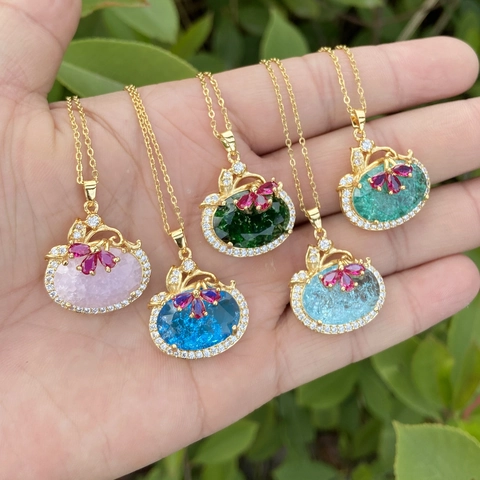 Elegante Collana Con Pendente Ovale In Rame Acciaio Inossidabile Con Pietra Preziosa Effetto Ghiaccio Zircone Design A Fiore Per Donna