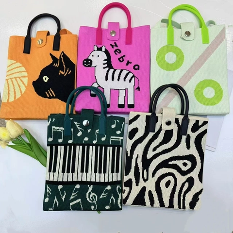 Cartoon Pattern Knitted Handbag Polyester Crossbody Phone Bag Casual Urban Simple Fashion Lightweight Portable